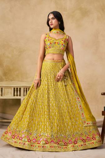 Bewitching Harvest gold Yellow Georgette thread and Thread embroidery designer lehenga choli for wedding