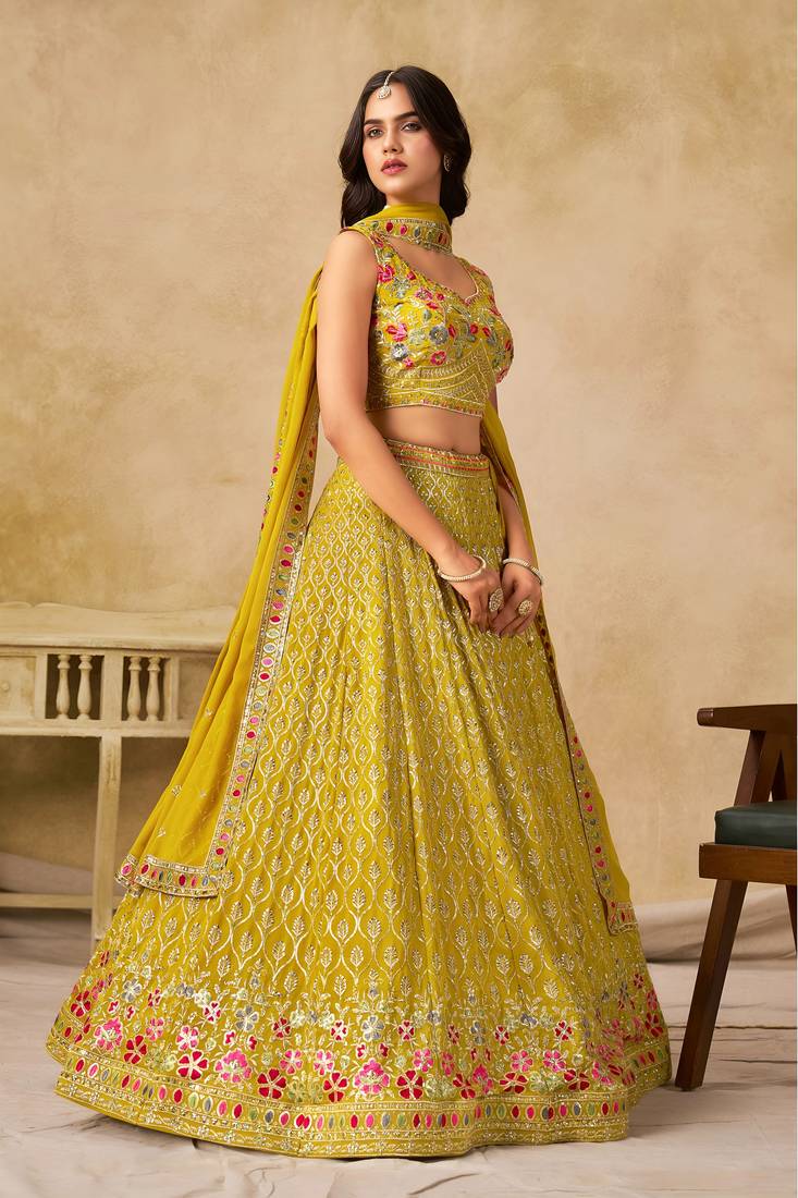 Bewitching Harvest gold Yellow Georgette thread and Thread embroidery designer lehenga choli for wedding