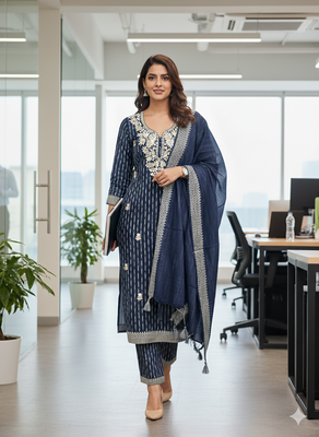 navy blue cotton jacquard salwar suit dress material with ethnic motifs 1