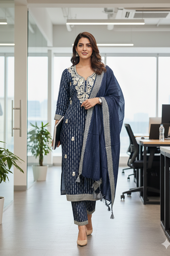 navy blue cotton jacquard salwar suit dress material with ethnic motifs