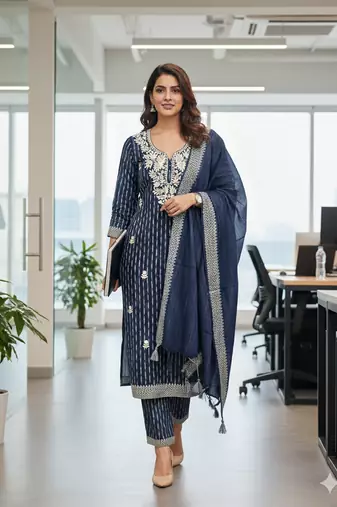 navy blue cotton jacquard salwar suit dress material with ethnic motifs
