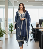navy blue cotton jacquard salwar suit dress material with ethnic motifs