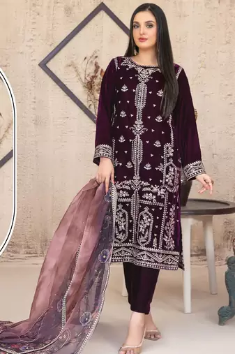 Purple velvet semi stitched suit with embroidery sequence work