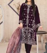 Purple velvet semi stitched suit with embroidery sequence work