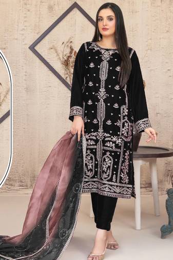 Black velvet semi stitched suit with embroidery sequence work