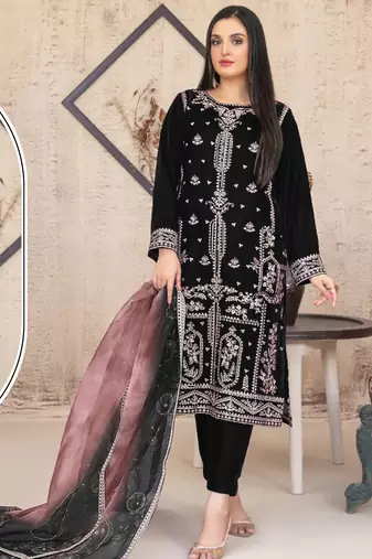 Black velvet semi stitched suit with embroidery sequence work