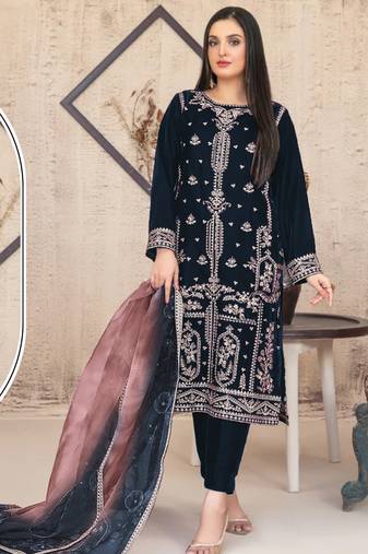 Navy blue velvet semi stitched suit with embroidery sequence work