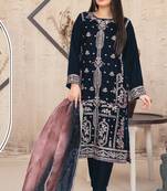 Navy blue velvet semi stitched suit with embroidery sequence work