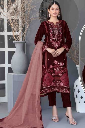 Maroon velvet semi stitched suit with embroidery sequence work