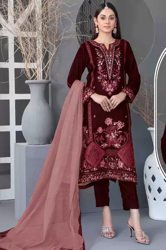 Maroon velvet semi stitched suit with embroidery sequence work