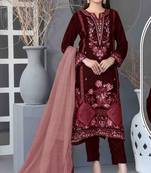 Maroon velvet semi stitched suit with embroidery sequence work