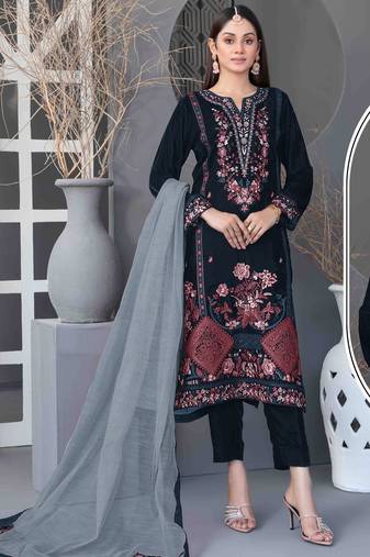 Navy blue velvet semi stitched suit with embroidery sequence work