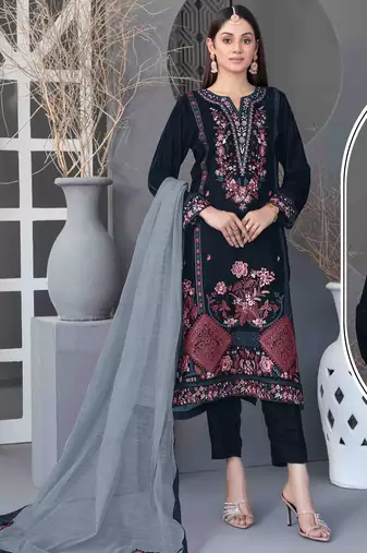 Navy blue velvet semi stitched suit with embroidery sequence work