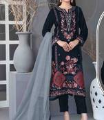 Navy blue velvet semi stitched suit with embroidery sequence work