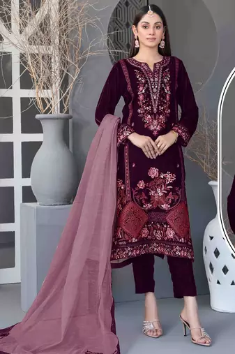 Purple velvet semi stitched suit with embroidery sequence work