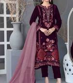 Purple velvet semi stitched suit with embroidery sequence work