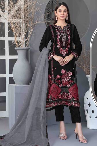 Black velvet semi stitched suit with embroidery sequence work