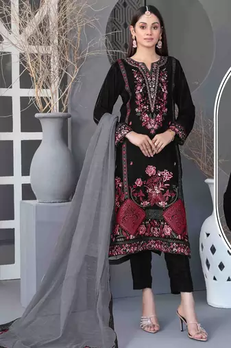 Black velvet semi stitched suit with embroidery sequence work