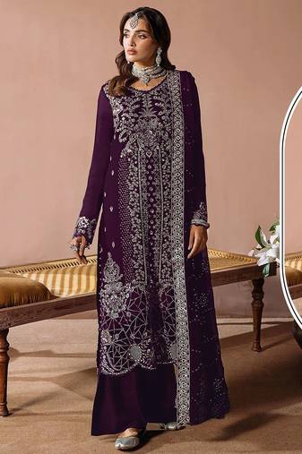 Purple velvet semi stitched suit with embroidery sequence work