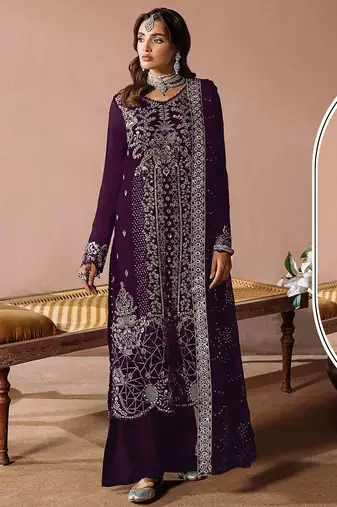 Purple velvet semi stitched suit with embroidery sequence work