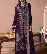 Purple velvet semi stitched suit with embroidery sequence work