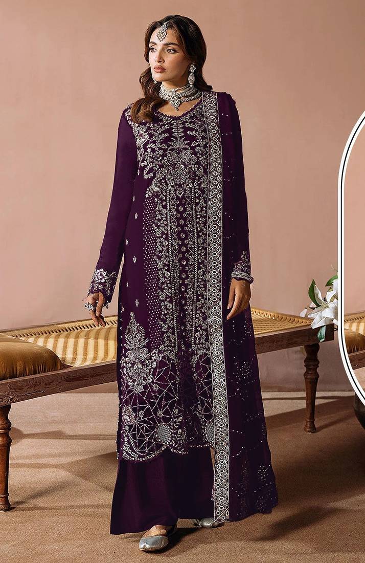 Purple velvet semi stitched suit with embroidery sequence work