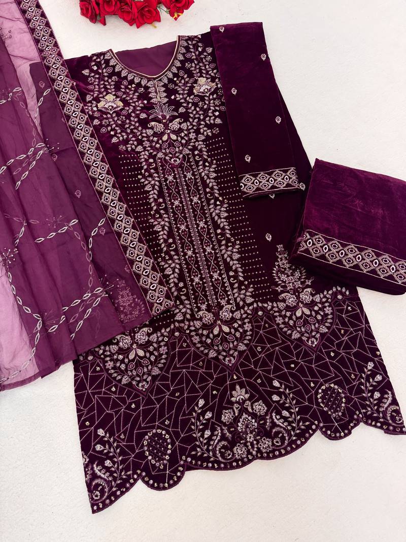 Purple velvet semi stitched suit with embroidery sequence work