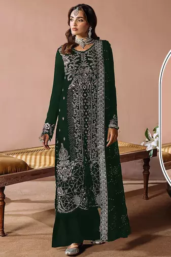 Green velvet semi stitched suit with embroidery sequence work