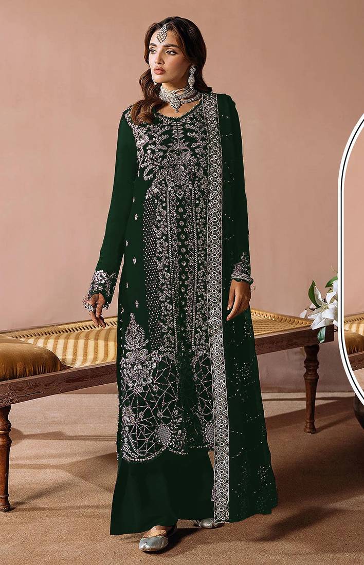 Green velvet semi stitched suit with embroidery sequence work