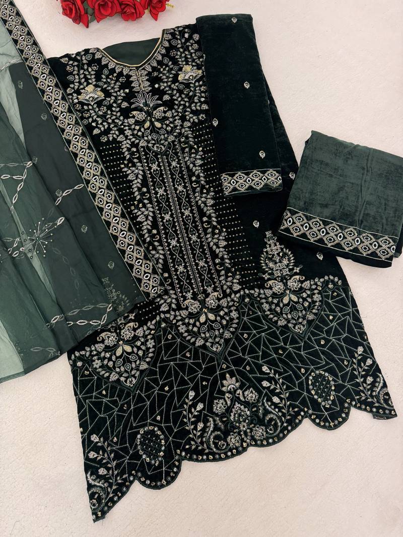 Green velvet semi stitched suit with embroidery sequence work