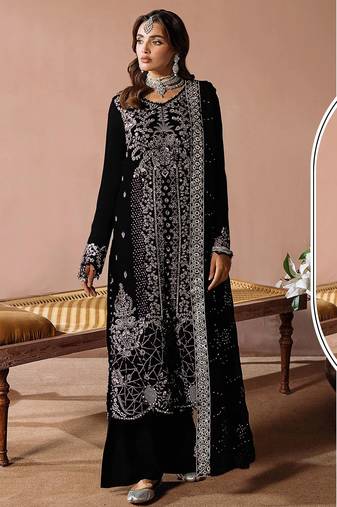 Black velvet semi stitched suit with embroidery sequence work