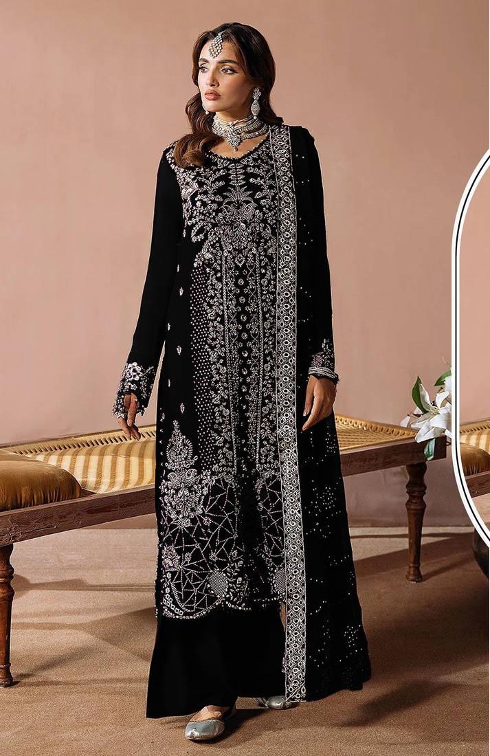 Black velvet semi stitched suit with embroidery sequence work