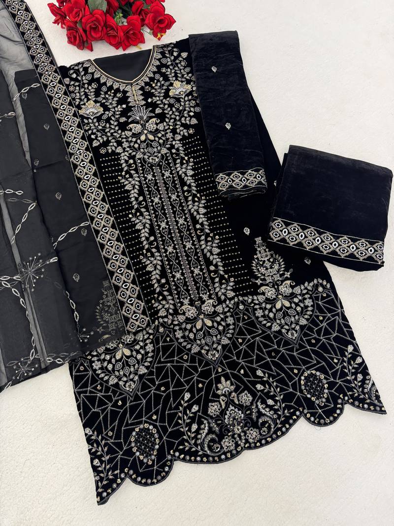 Black velvet semi stitched suit with embroidery sequence work