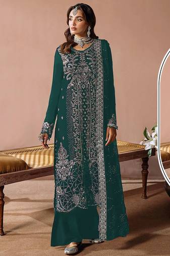 Teal velvet semi stitched suit with embroidery sequence work