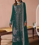 Teal velvet semi stitched suit with embroidery sequence work
