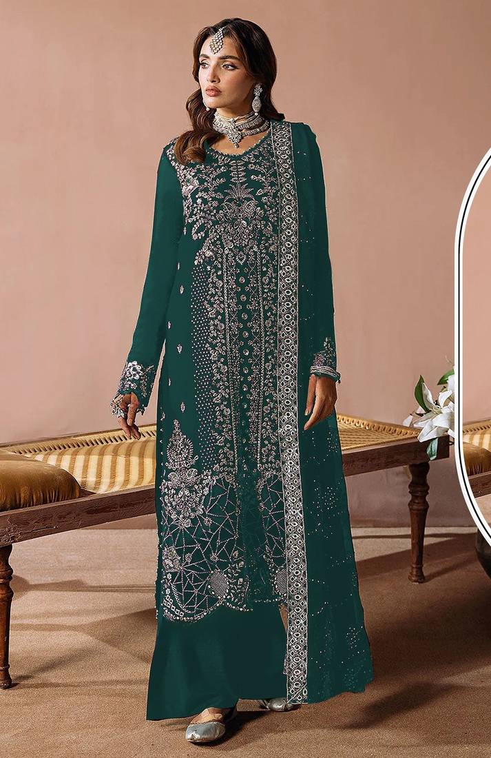 Teal velvet semi stitched suit with embroidery sequence work