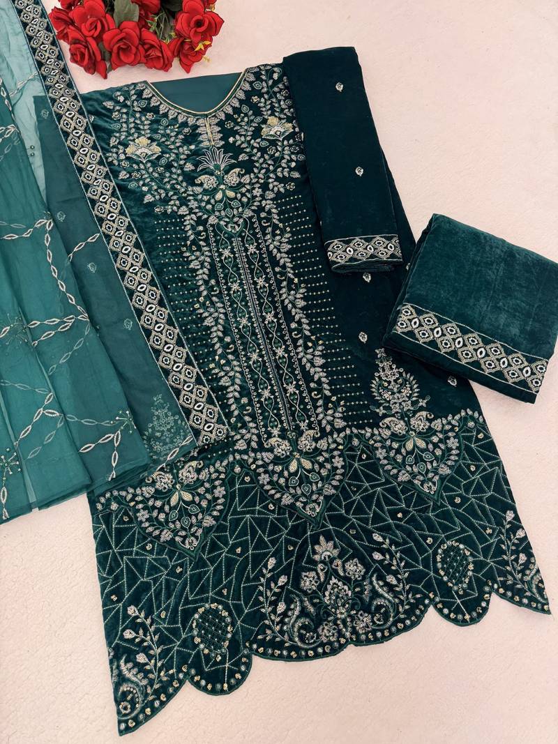 Teal velvet semi stitched suit with embroidery sequence work