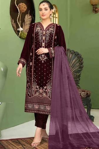 Purple velvet semi stitched suit with embroidery sequence work