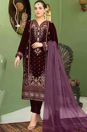 Purple velvet semi stitched suit with embroidery sequence work