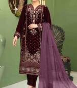 Purple velvet semi stitched suit with embroidery sequence work