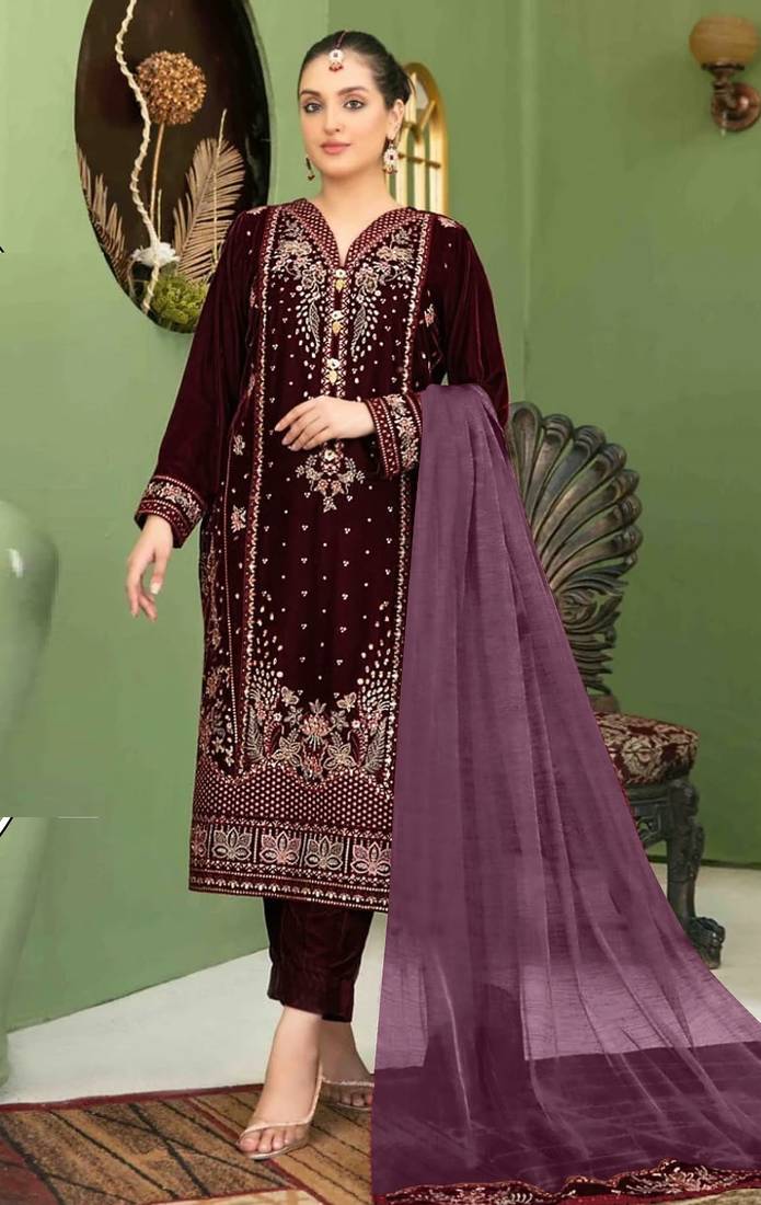 Purple velvet semi stitched suit with embroidery sequence work