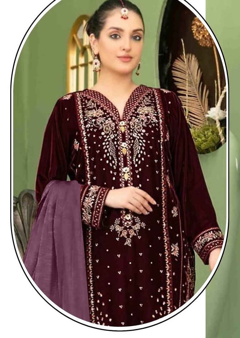 Purple velvet semi stitched suit with embroidery sequence work