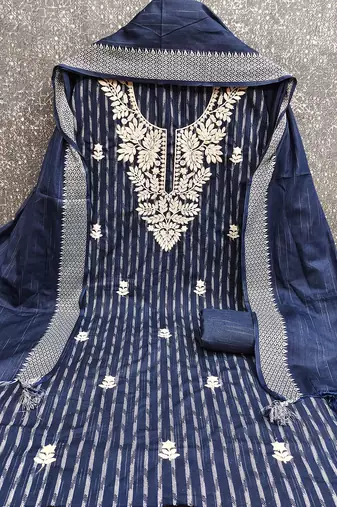 navy blue cotton jacquard salwar suit dress material with ethnic motifs