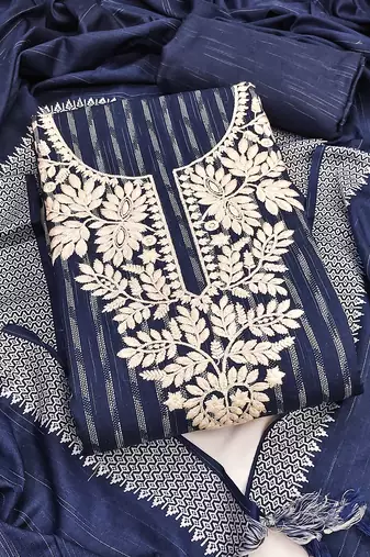 navy blue cotton jacquard salwar suit dress material with ethnic motifs
