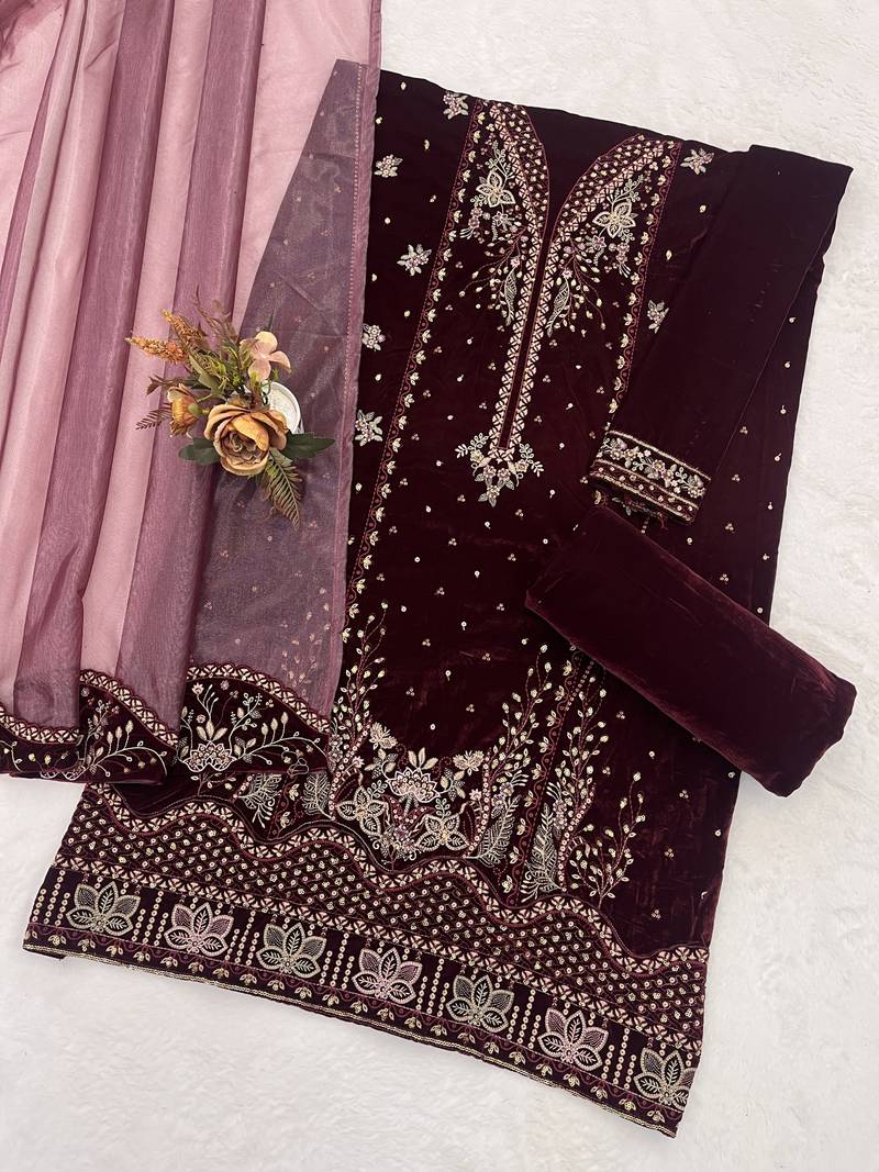 Purple velvet semi stitched suit with embroidery sequence work