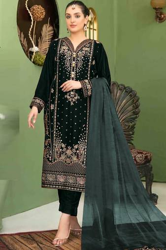 Black velvet semi stitched suit with embroidery sequence work