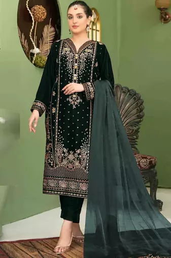 Black velvet semi stitched suit with embroidery sequence work