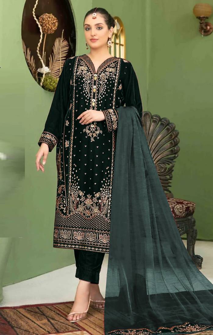 Black velvet semi stitched suit with embroidery sequence work