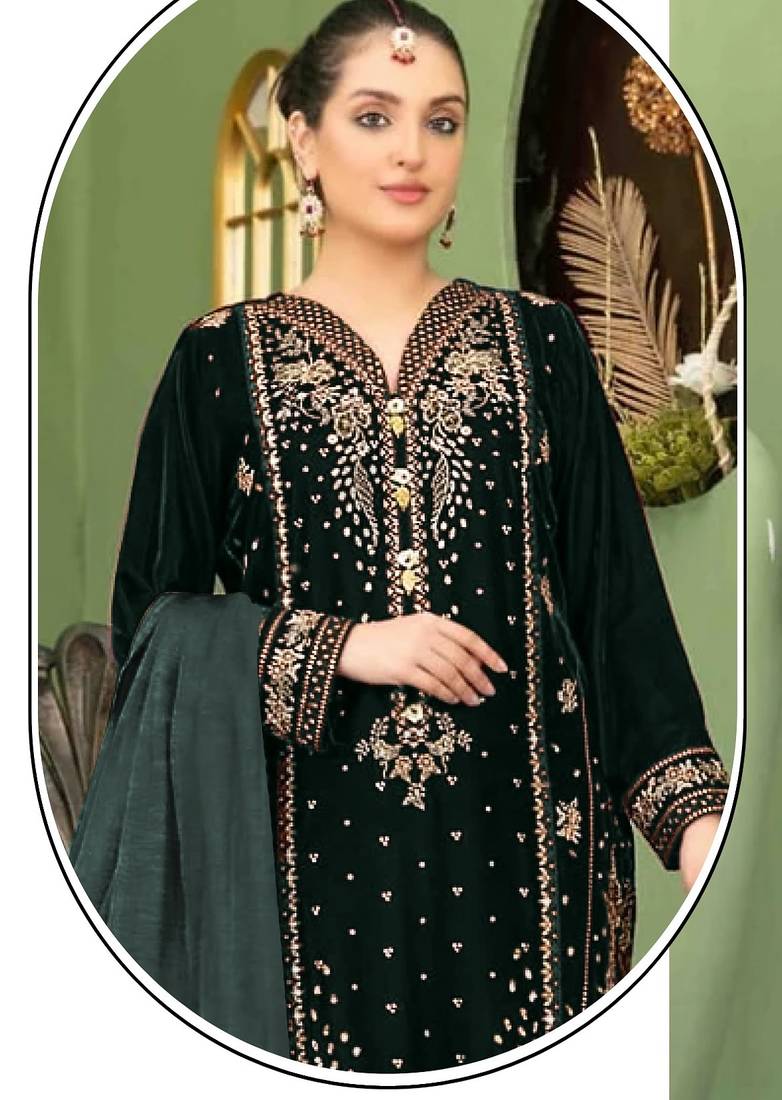 Black velvet semi stitched suit with embroidery sequence work