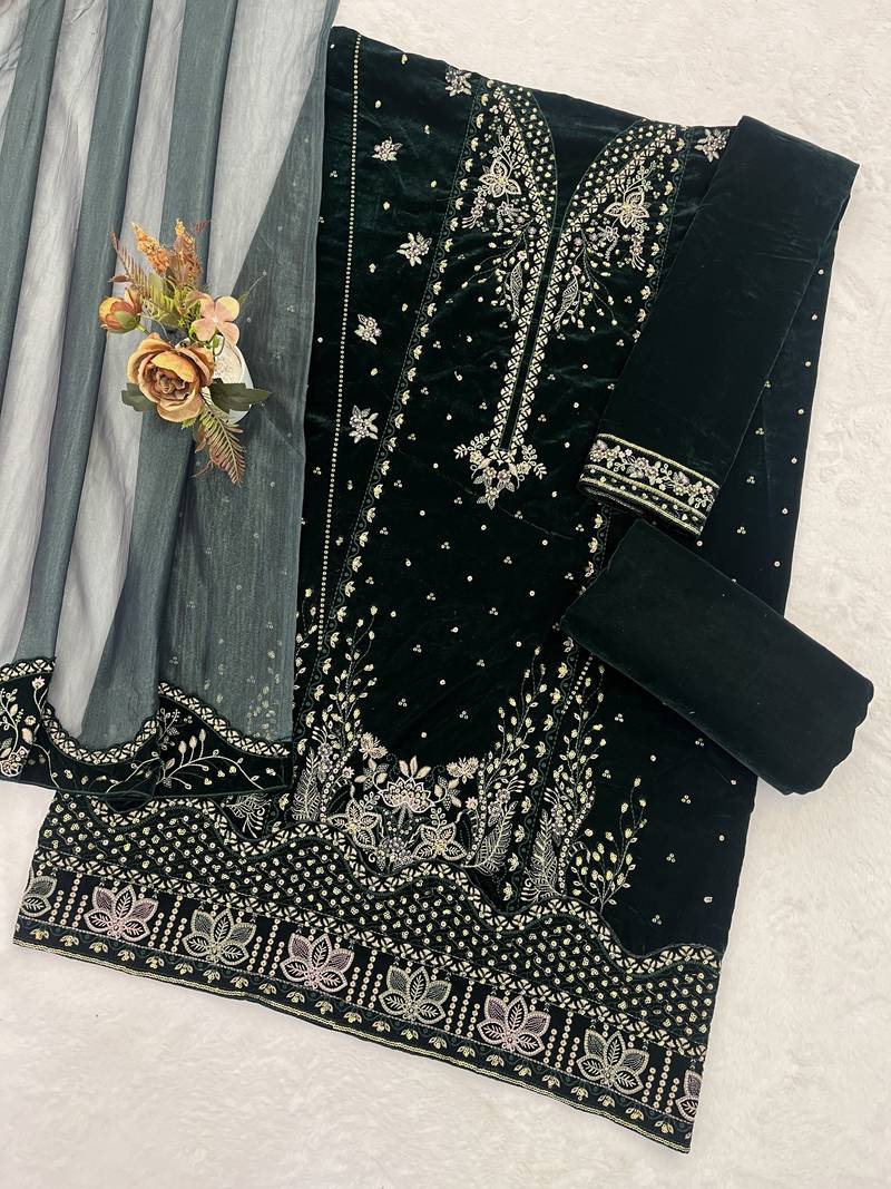 Black velvet semi stitched suit with embroidery sequence work
